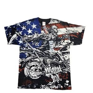 Miami Ink ALStyle Skeleton Biker‎ American Flag Graphic T-Shirt Mens L Y2K N0S